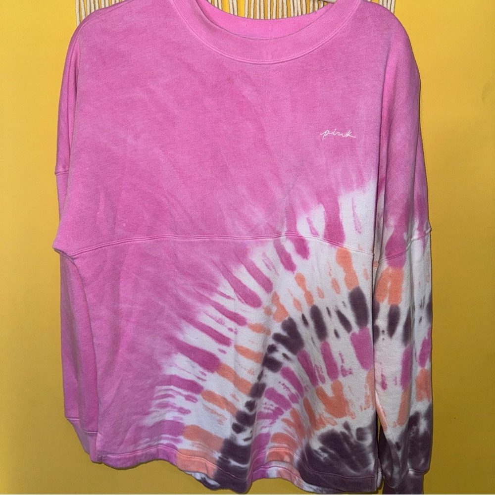 Victorias Secret Pink Size Small Tie Dye Oversized Varsity Crew Neck‎ Sweatshirt